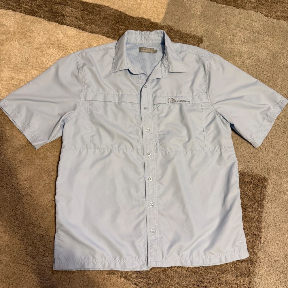 Ducks Unlimited Mens Light Blue Short Sleeve Button Up Fishing Shirt‎ Size L